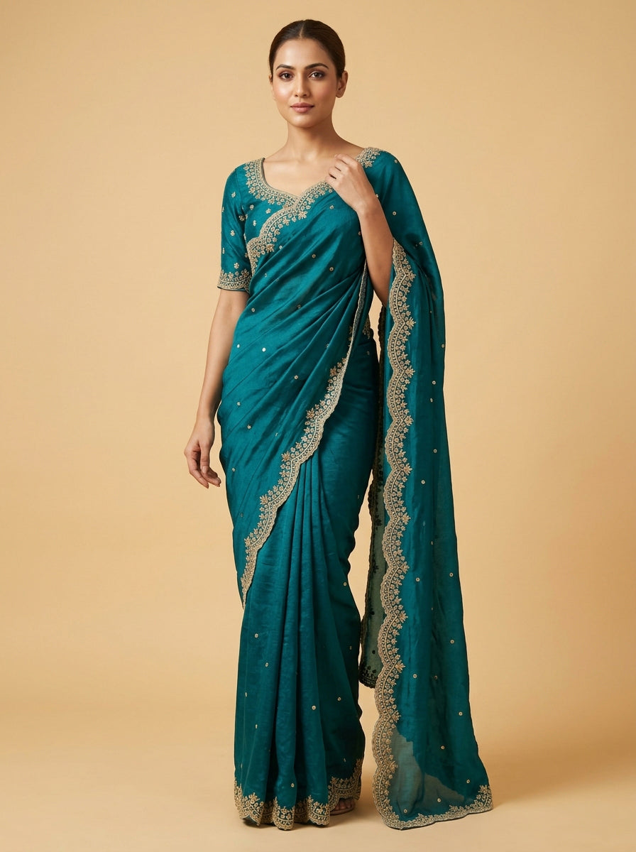 Iridescent Peacock Blue Luxe Radiance Saree