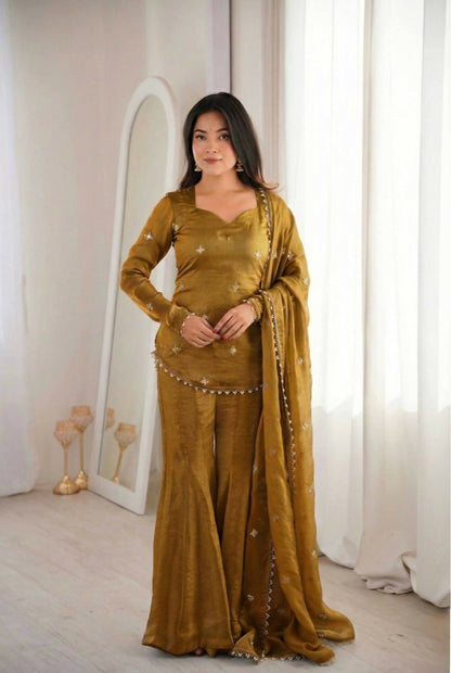 Teeya Creation New Womens Trendy Embroidery Sequence Work Gold Kurta Set