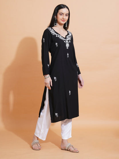 Pahnaz Luxury Rayon Chikankari Long Kurti-Black