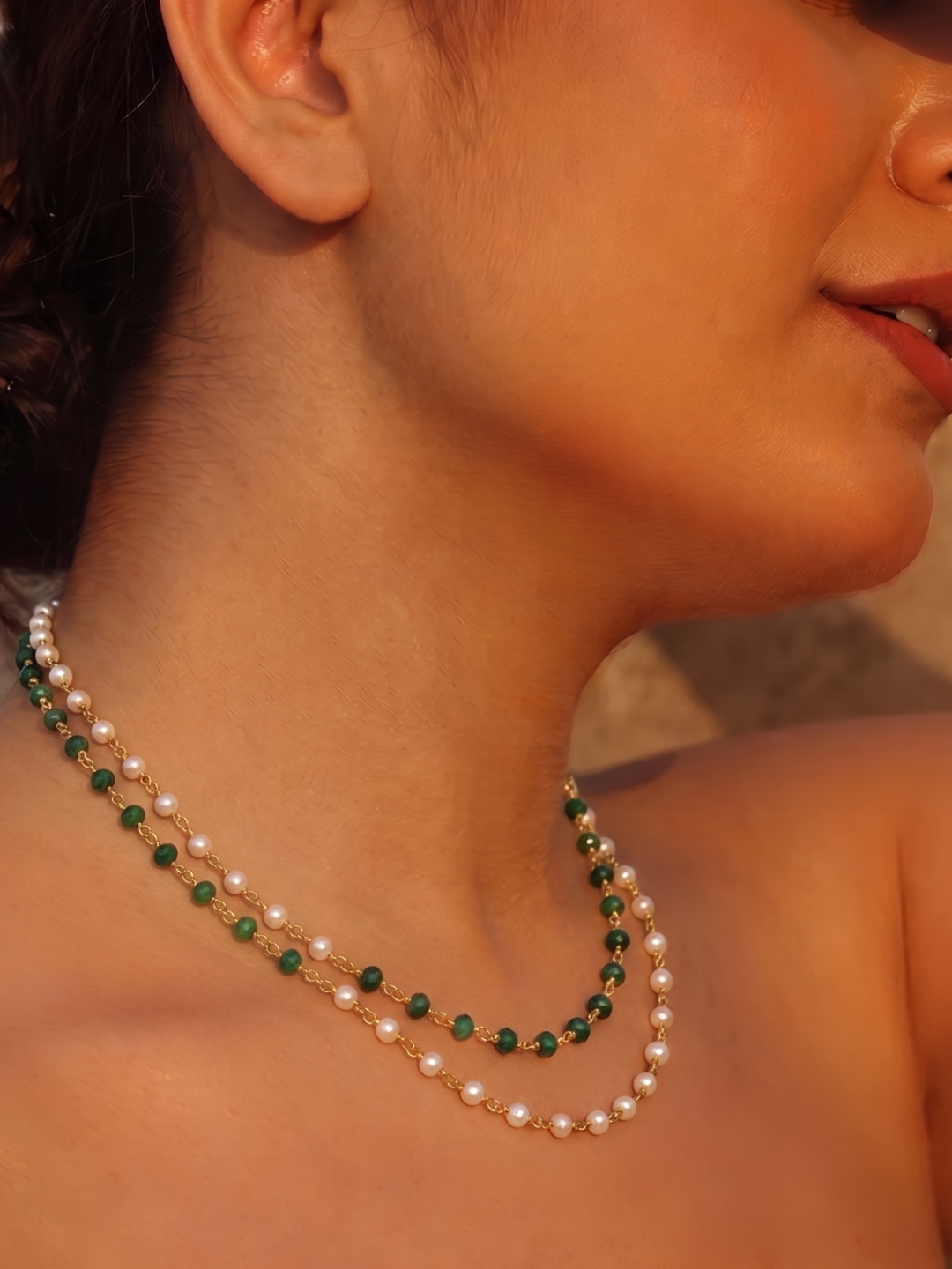 Classic Two-Layer Green and White Beaded Necklace