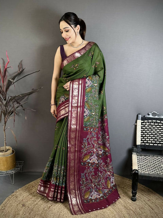 Prime Volt Premium Viscose Silk Kalamkari Saree with Peacock Zari Border & Bandhani Blouse-Green