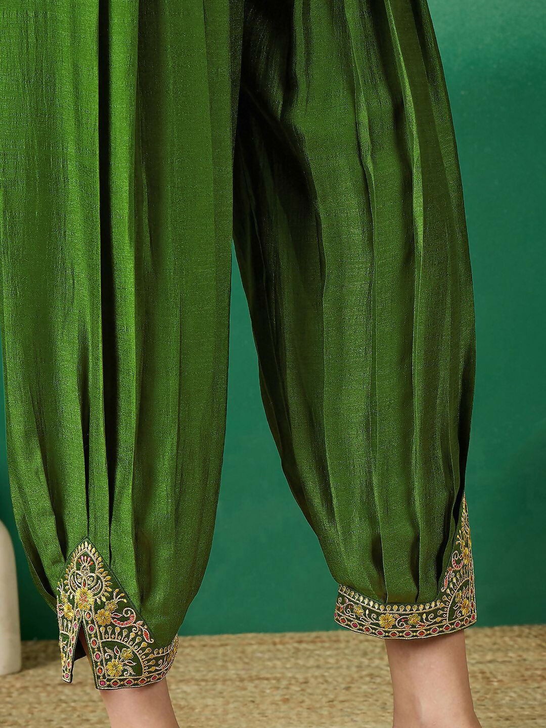 The52 Women's Beautiful Embroidery Work Vichitra Fabric A-line Kurta Pant and Dupatta Set-Green