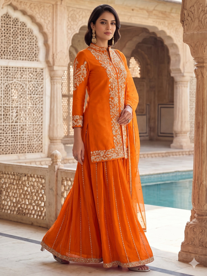 Teeya Creation Womens New Trendy Silk With Heavy Embroiedery With Sequence Work Orange Kurta Set