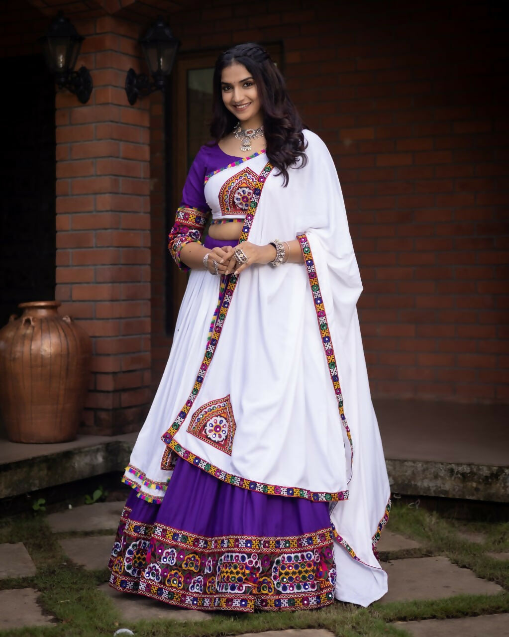 Yash Enterprise Purple White Rayon Cotton Embroidery Semi Stitched Navratri Top Chaniya Choli
