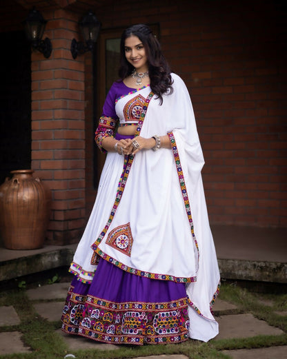 Yash Enterprise Purple White Rayon Cotton Embroidery Semi Stitched Navratri Top Chaniya Choli