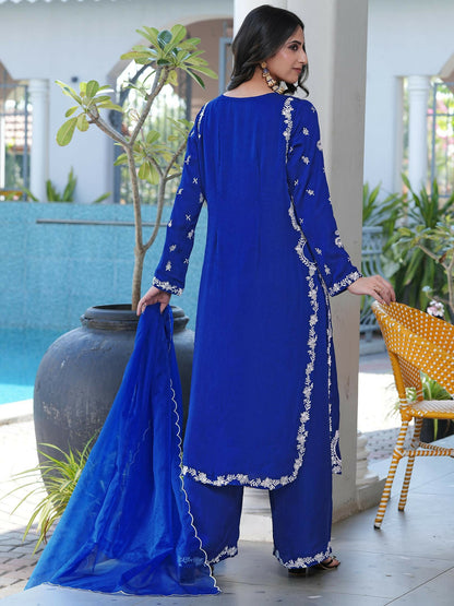 Nikhaar Royal Blue Embroidered Modal Silk Stitched Straight Cut Kurta Culottes Dupatta Readymade Suit