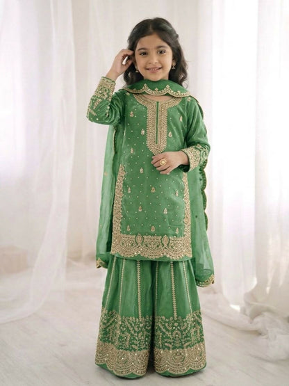 Teeya Creation New Trendy Fully Stitched Ready to Wear Kids Kurta Palazzo Set-Green