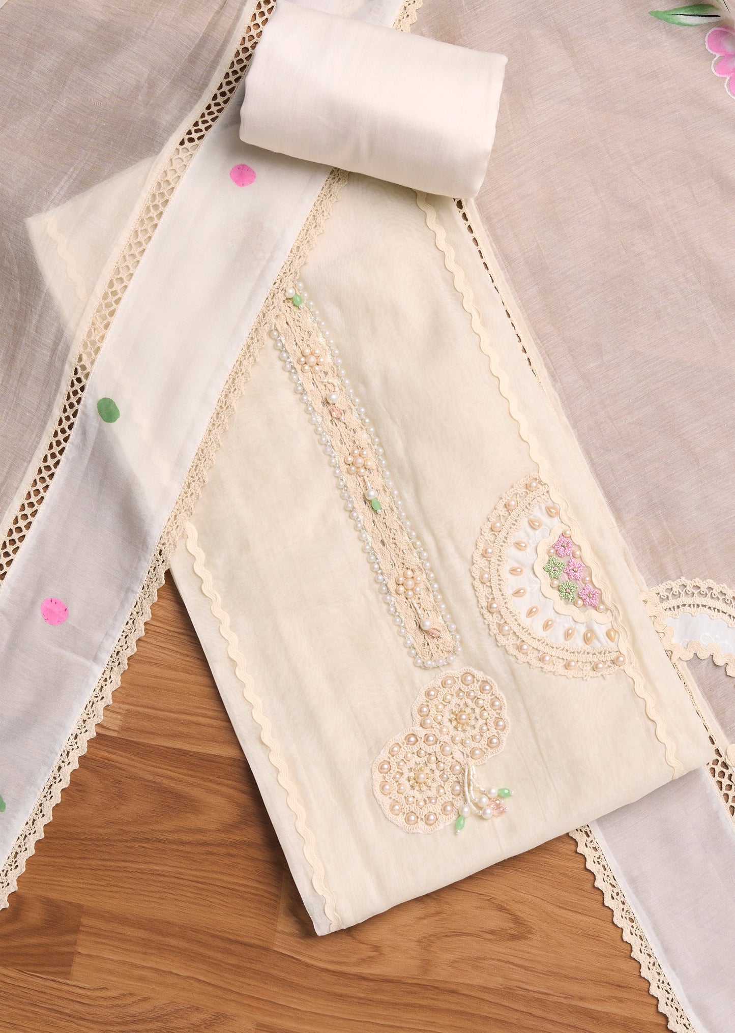 Ivory Chanderi Embroidered Unstitched Suit Set