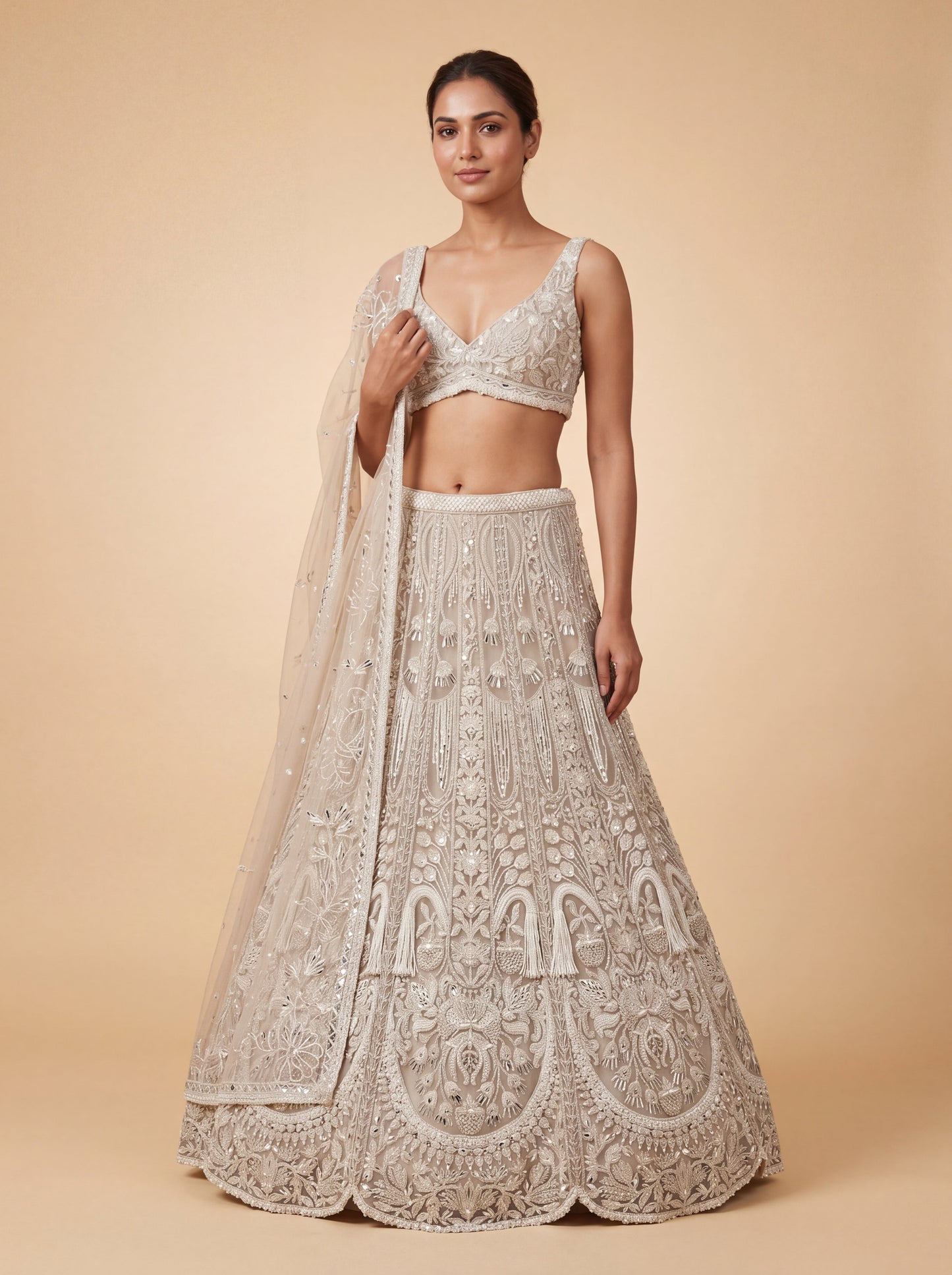 Ivory Contemporary Bridal Lehenga With AllOver Embellishment Flare