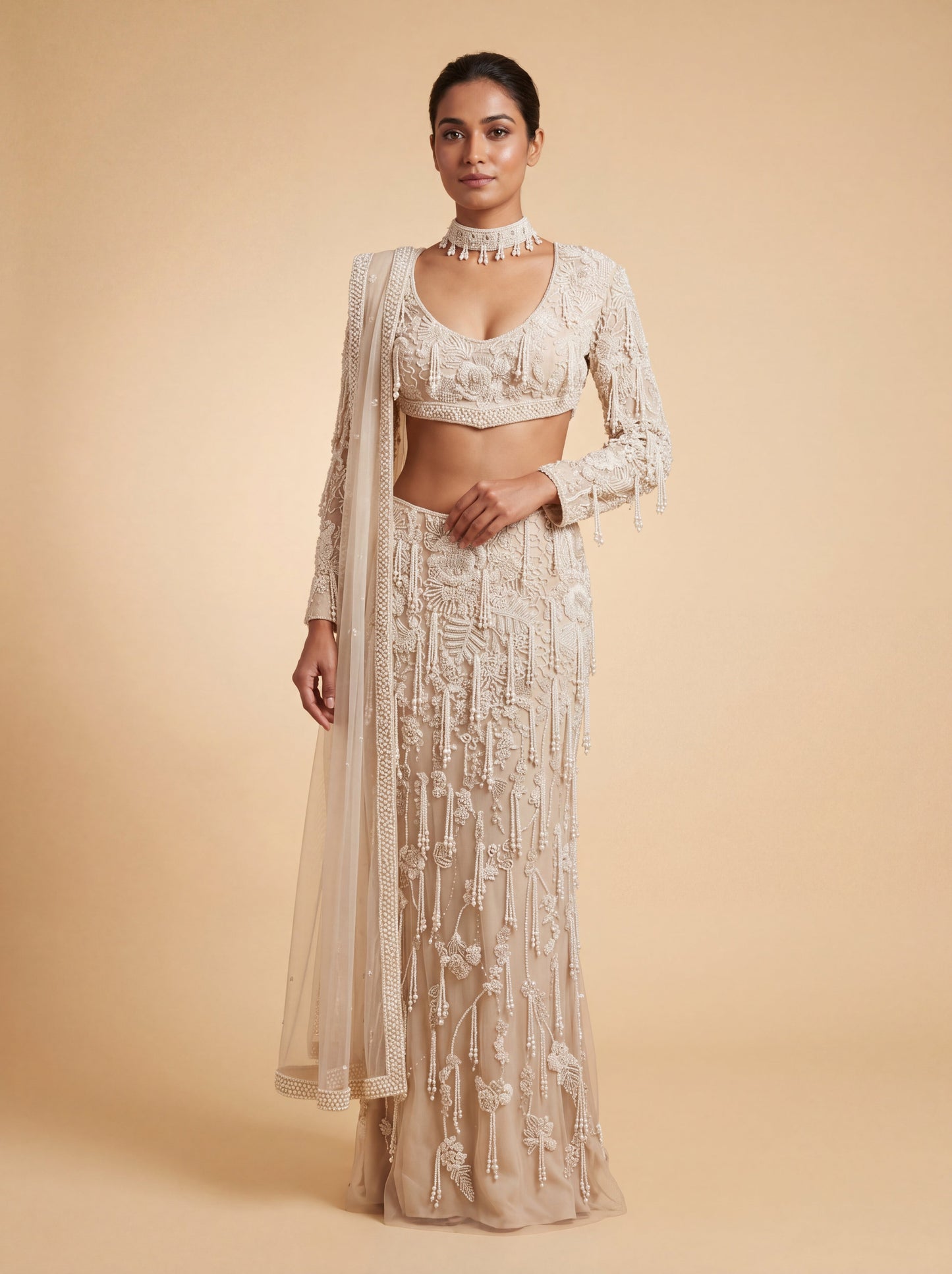 Ivory Contemporary Bridal Lehenga With Backless Blouse Soft Flare