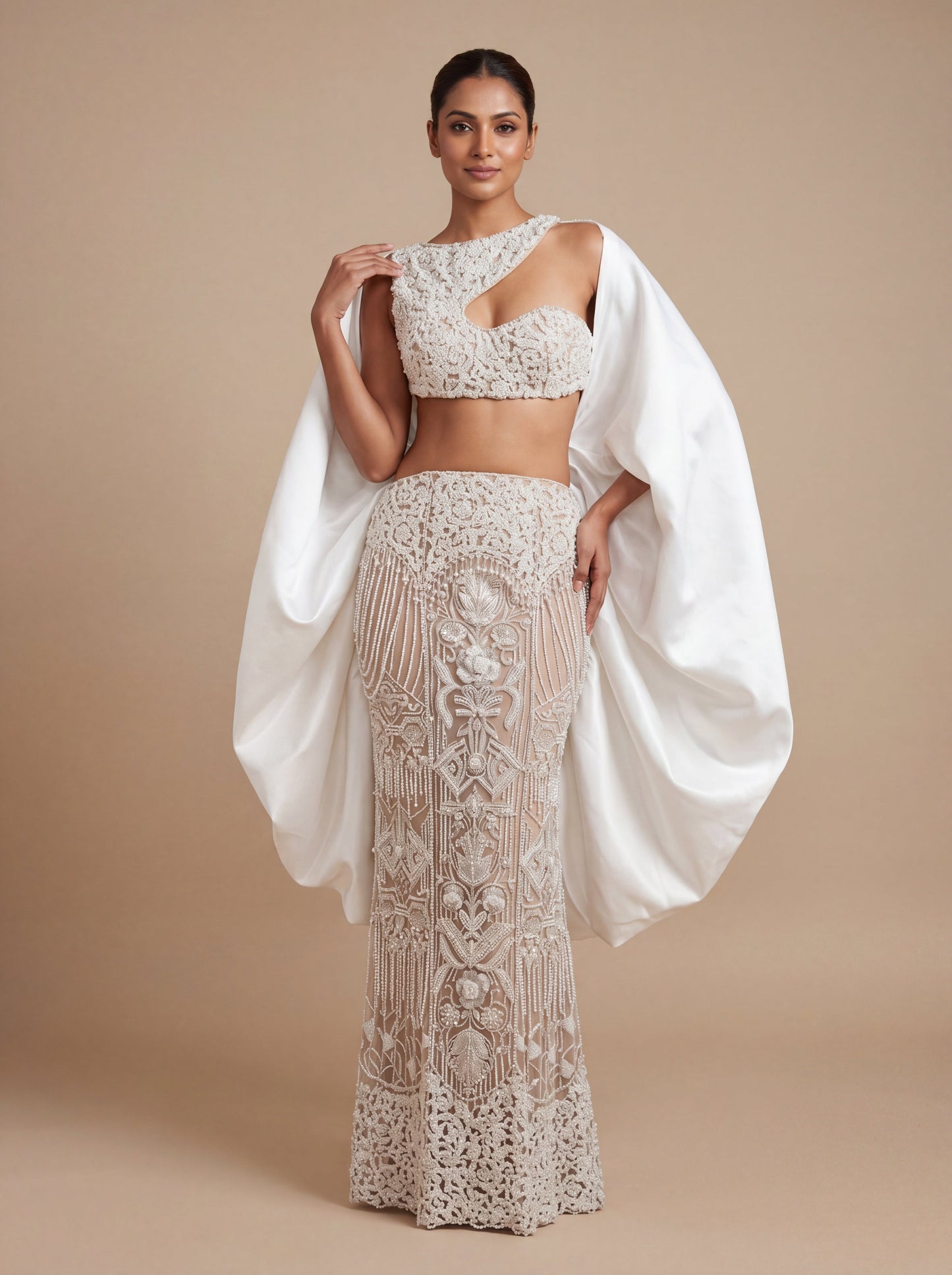 Ivory Contemporary Bridal Lehenga With Puff Sleeves Column Skirt