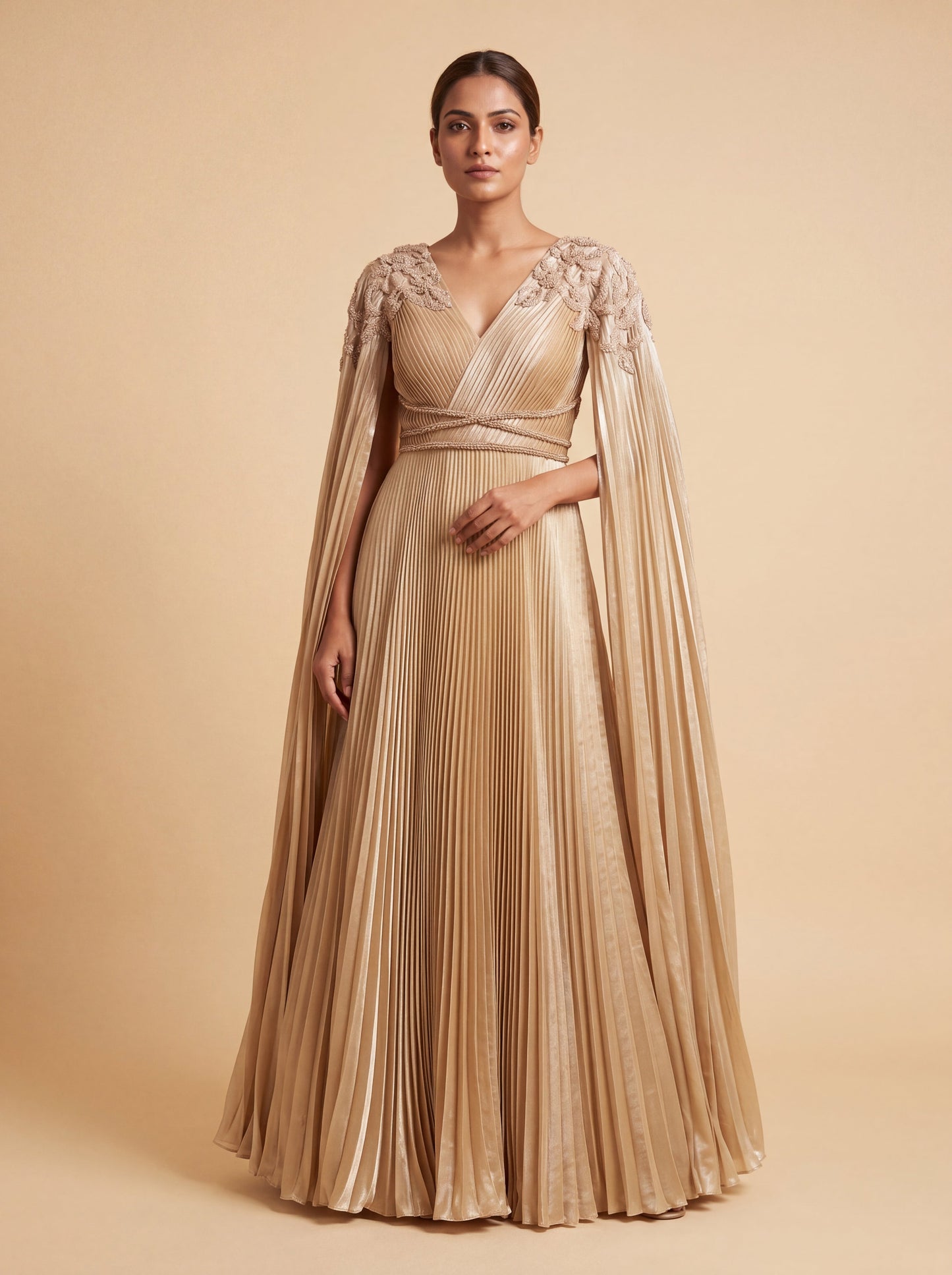 Ivory Contemporary Gown With Cape Sleeves Flared Skirt