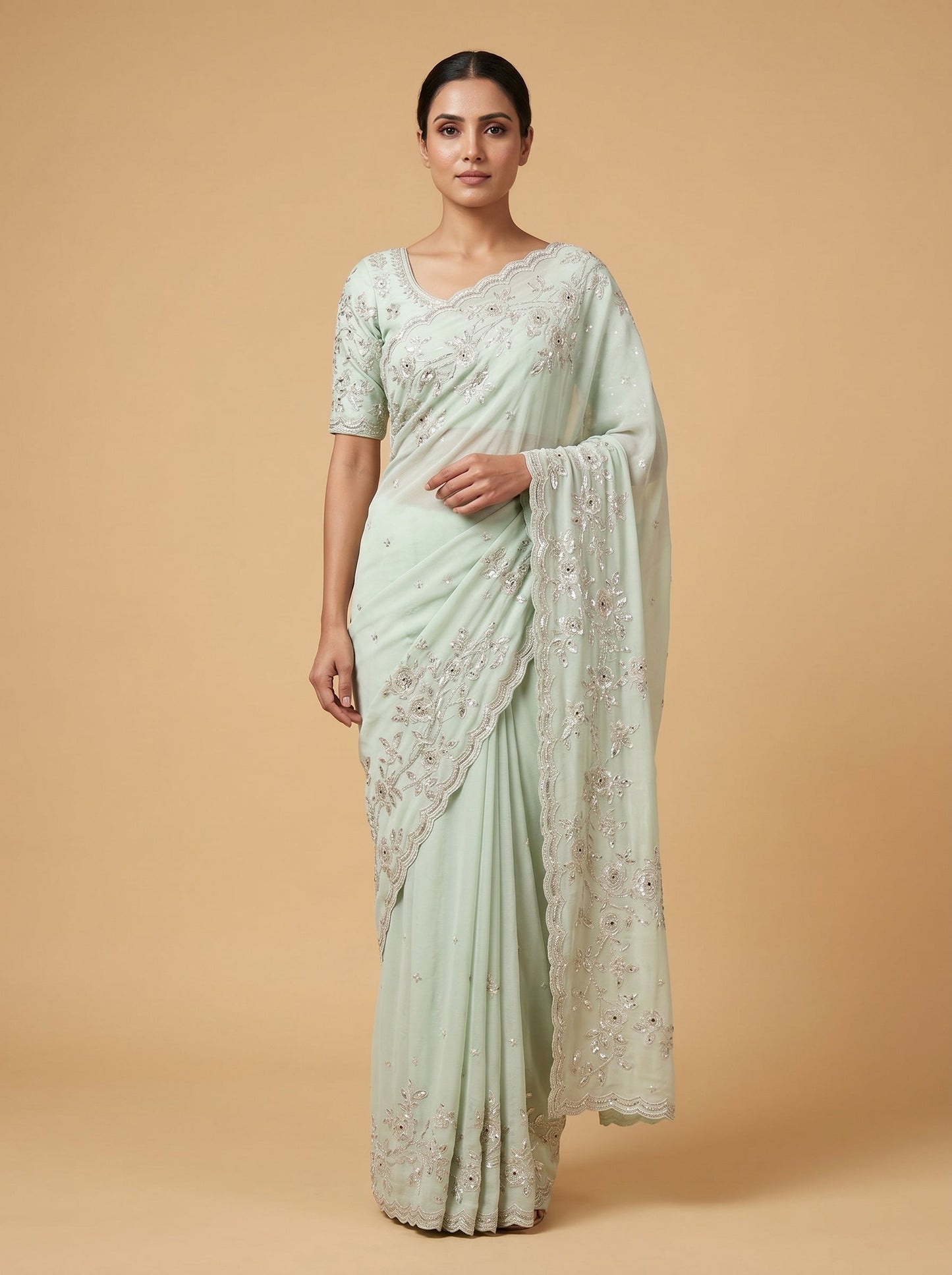 Ivory Floral Bloom Embroidered Saree