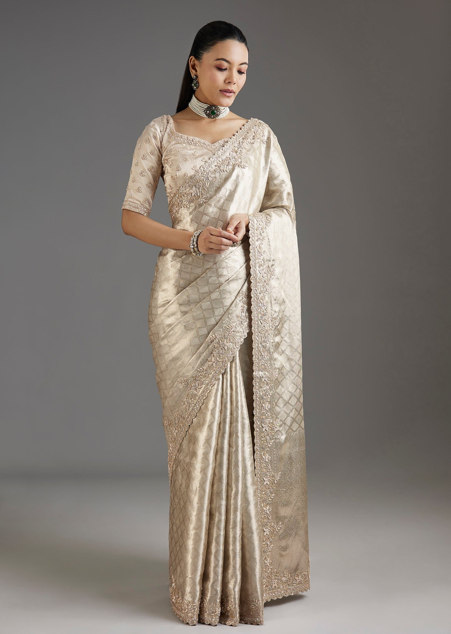 Ivory Gold Tissue Saree With Embroidered Blouse