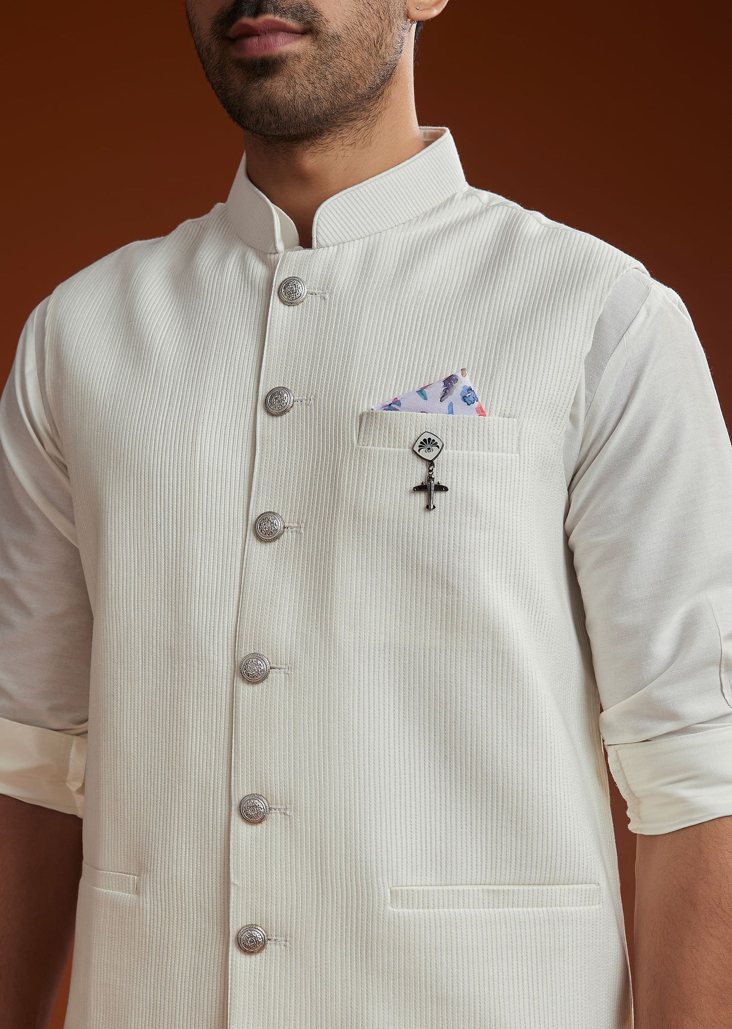 Ivory Kurta Jacket Set With Pintucks Detailing