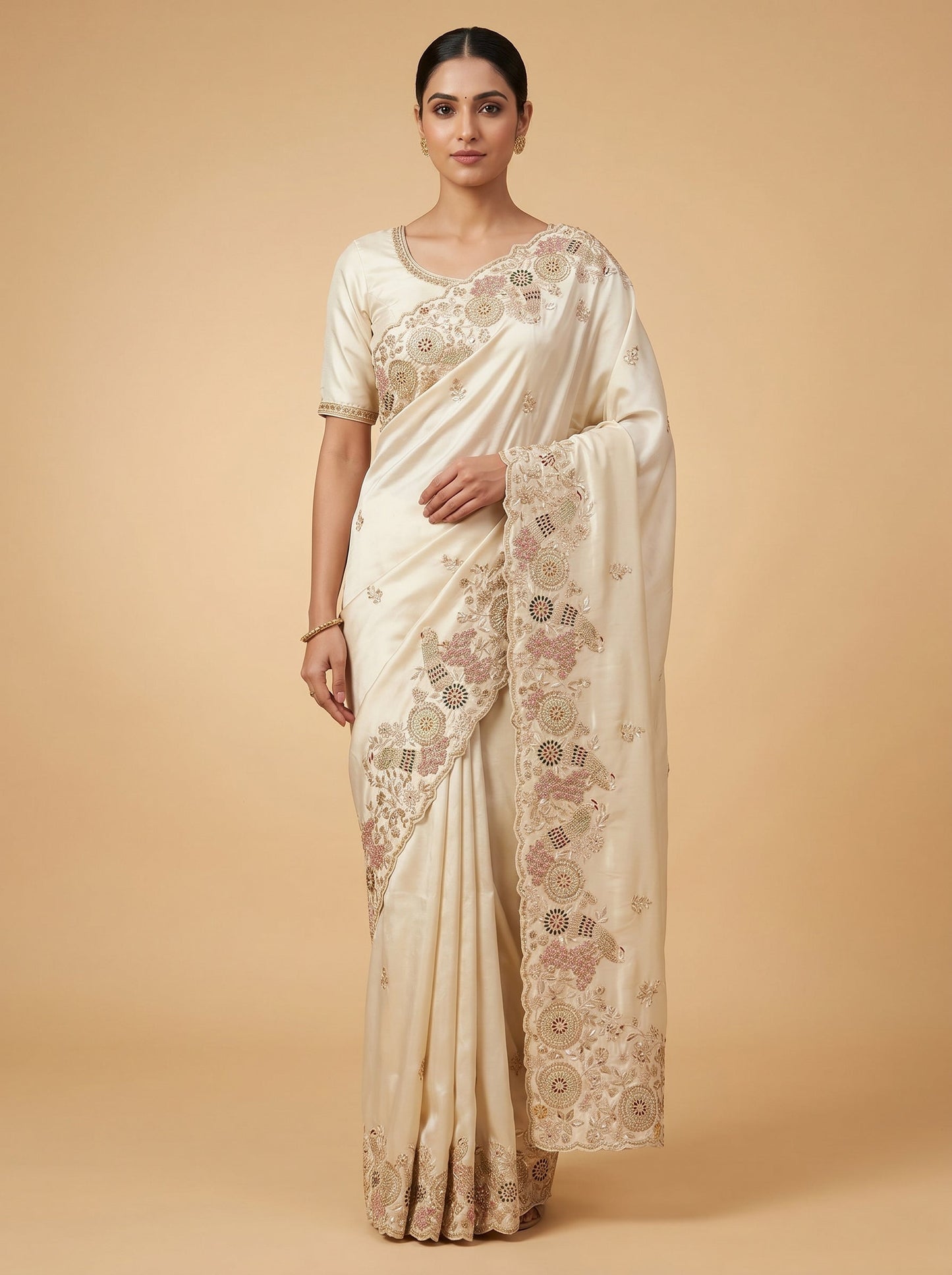 Ivory Lace Thread Embroidered Saree