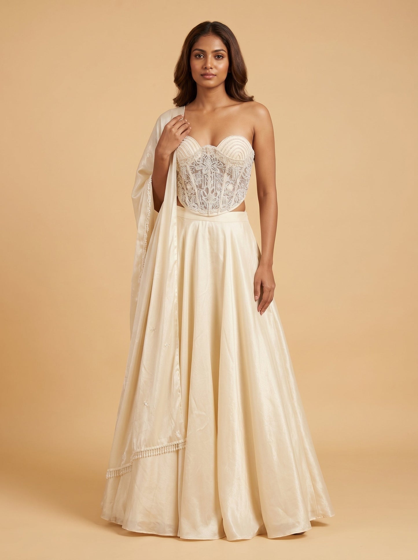 Ivory One-Shoulder Georgette Embroidered Lehenga Set