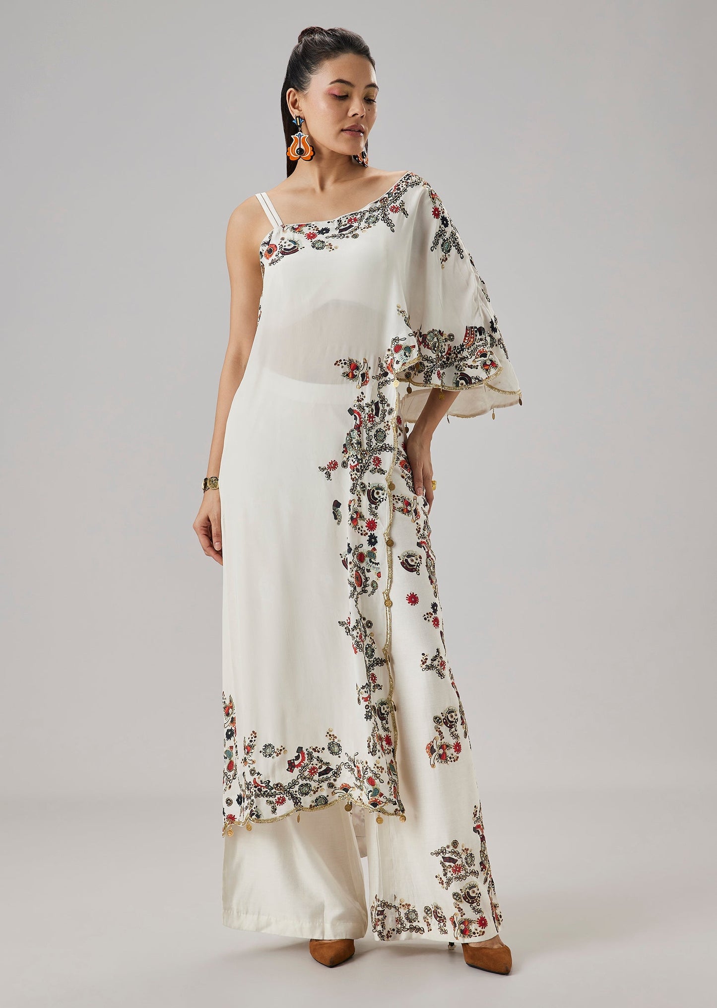 Ivory OneShoulder Printed Crop Top Palazzo Set