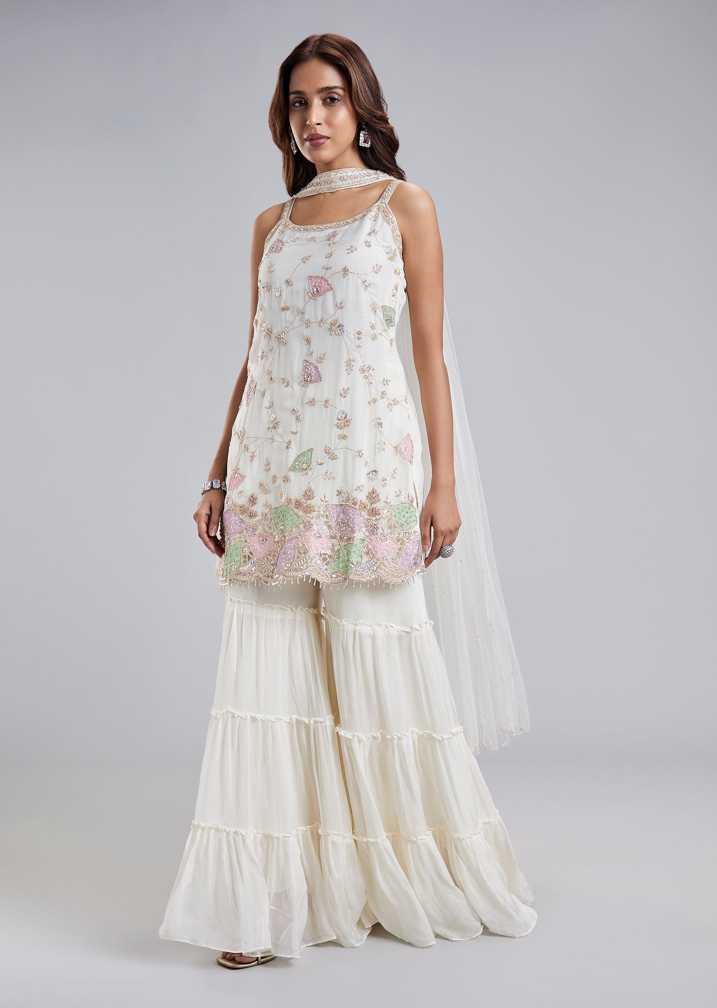 Ivory Organza Sharara Set With Floral Patch Embroidery And Dupatta