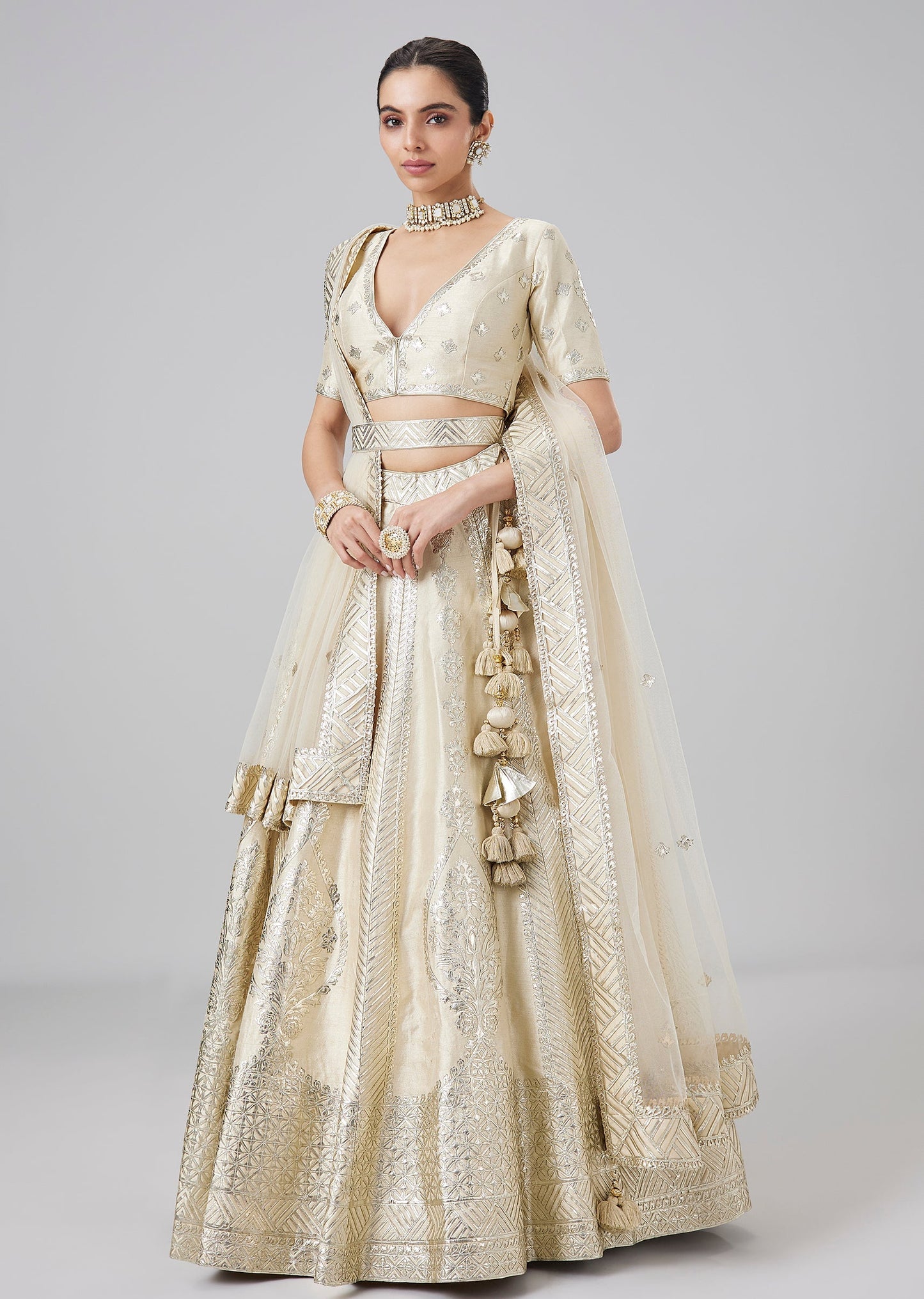 Ivory Patchwork Embroidered Lehenga Set With Belt