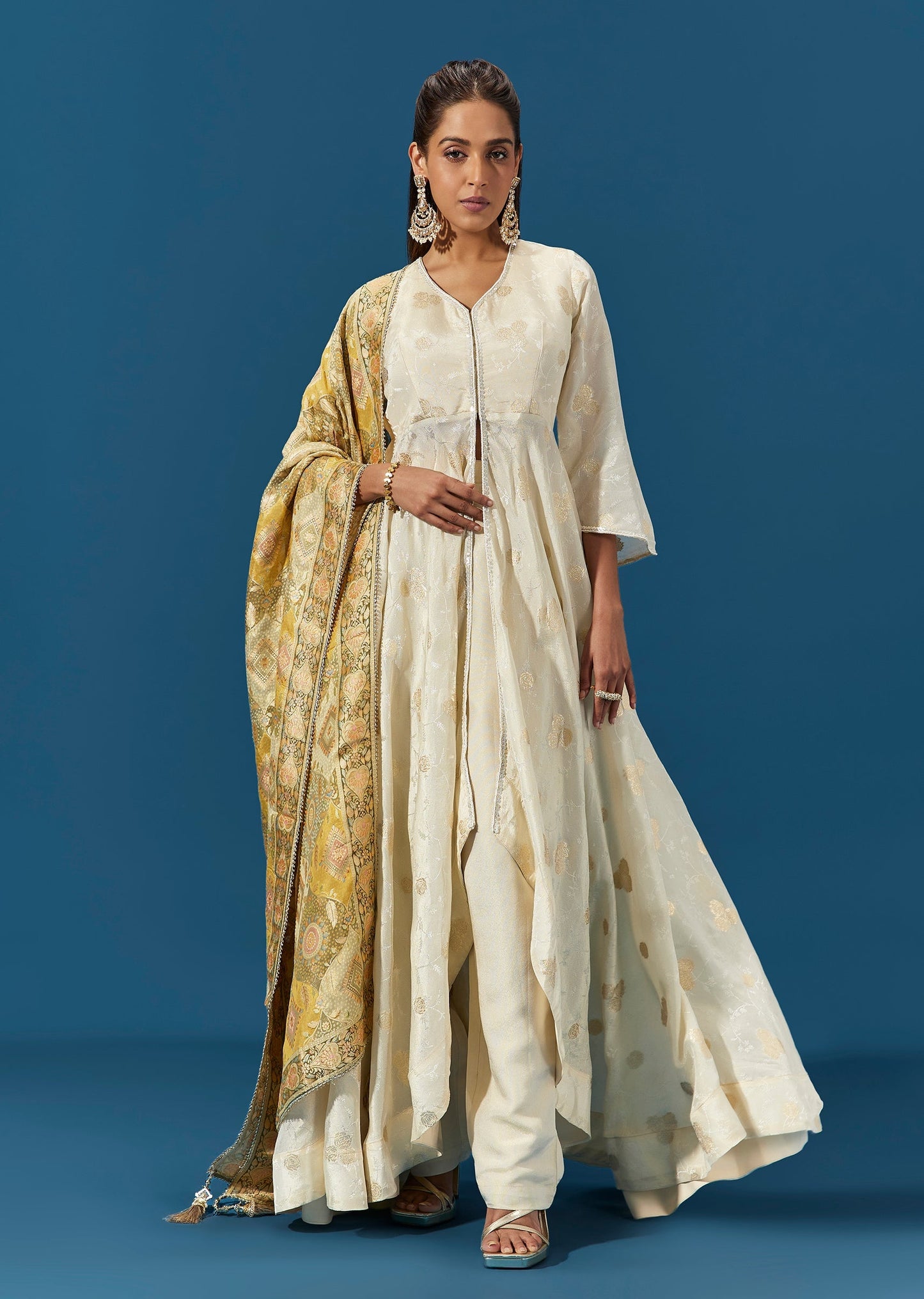 Ivory Russian Silk Anarkali Suit With Woven Floral Motifs And Banarasi Dupatta
