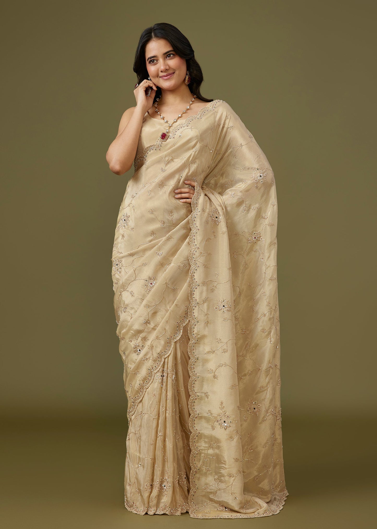Ivory Tissue Saree With Floral Scallop Border