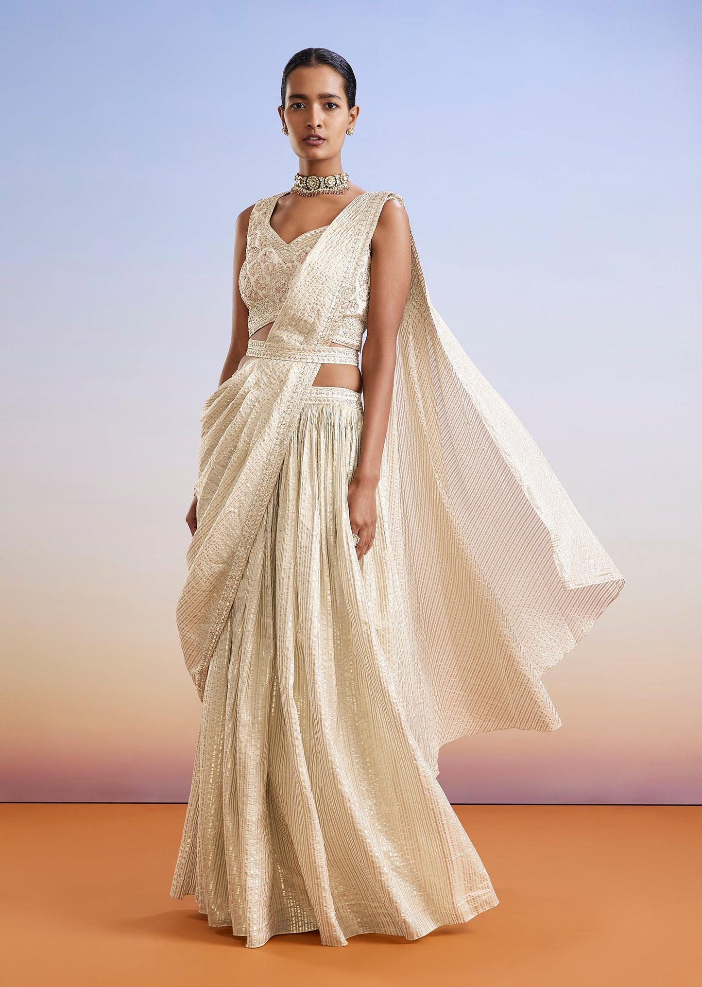 Ivory Zardosi Embroidered Ready Pleated Saree With Belt