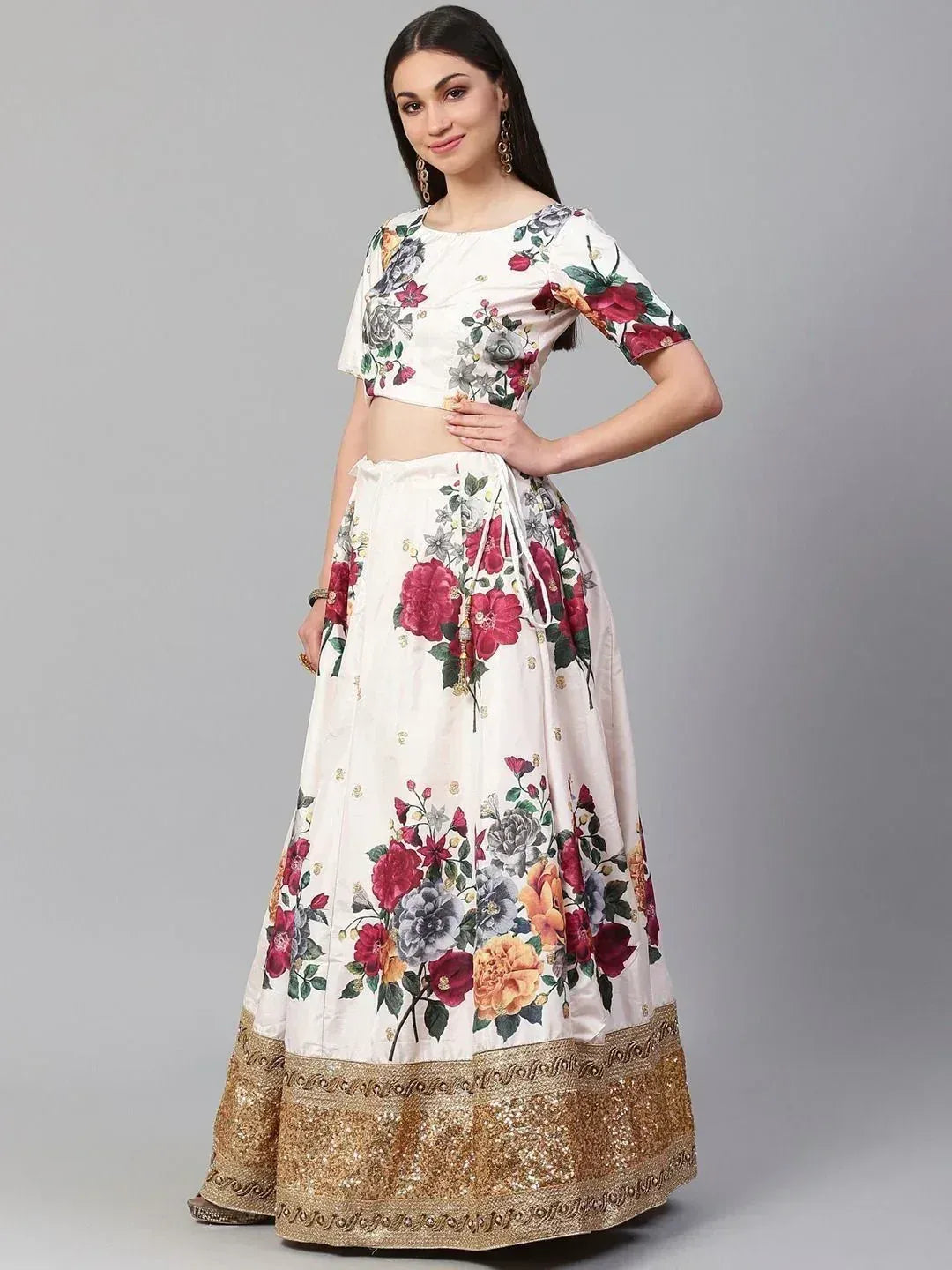 Tulsi Art Off-White & Red Printed Semi-Stitched Myntra Lehenga & Unstitched Blouse With Dupatta