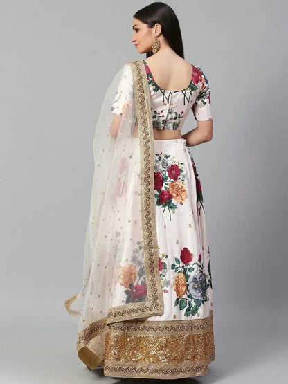 Tulsi Art Off-White & Red Printed Semi-Stitched Myntra Lehenga & Unstitched Blouse With Dupatta