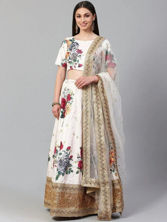 Tulsi Art Off-White & Red Printed Semi-Stitched Myntra Lehenga & Unstitched Blouse With Dupatta