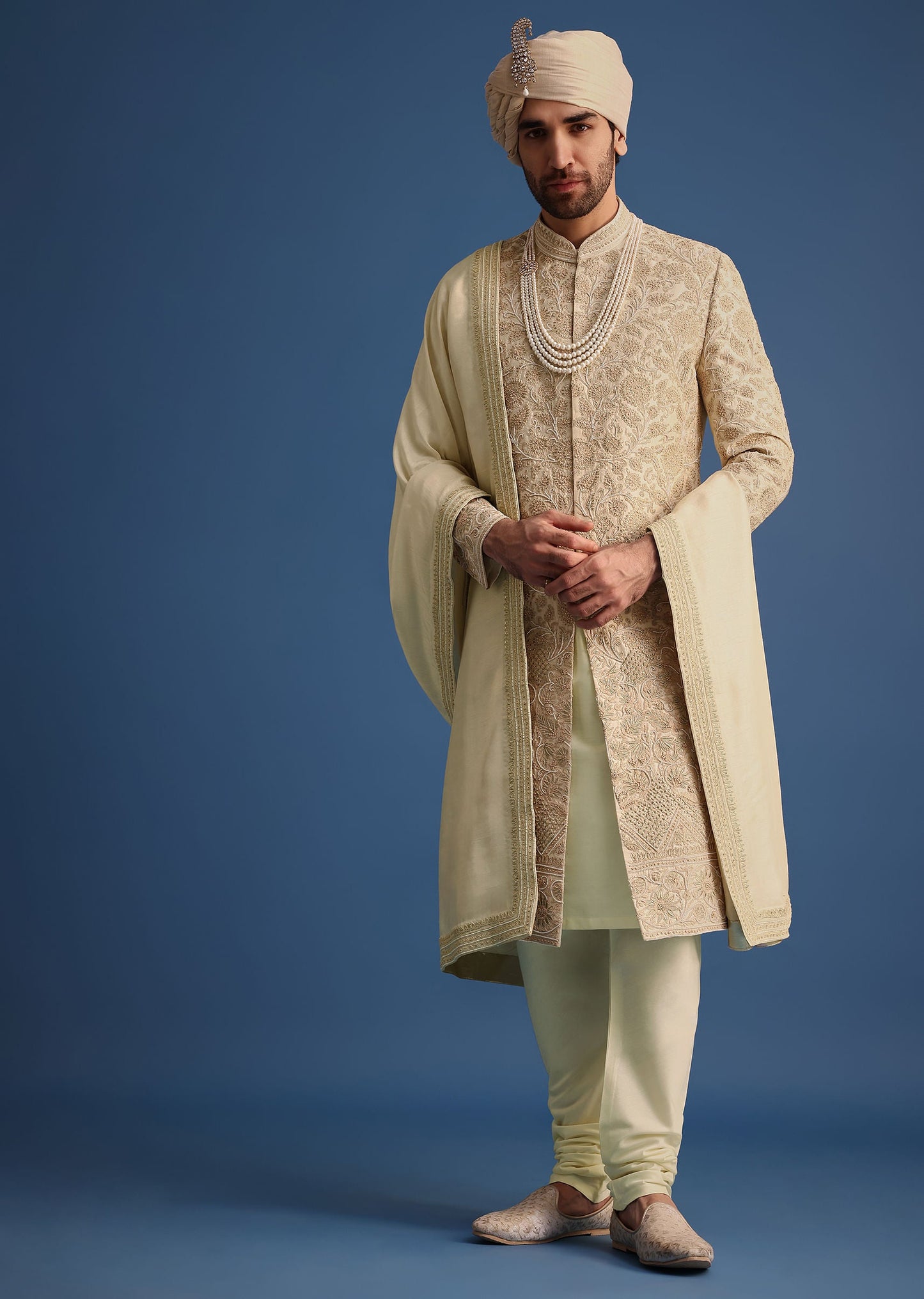Ivory Zari Embroidered Sherwani Suit