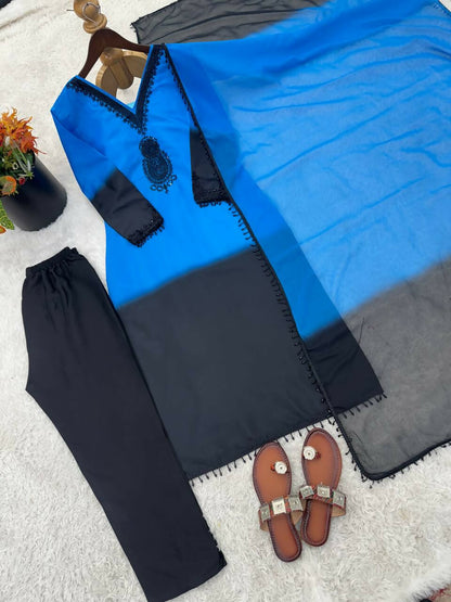 Teeya Creation Women's Trendy Stylish French Crepe Silk Blue Kurta Set