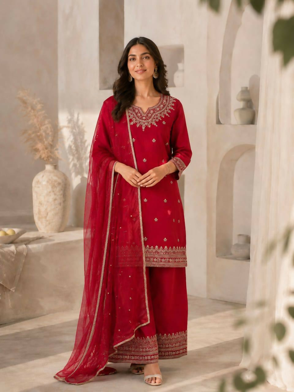 Teeya Creation Festive Red Silk Party Wear Kurti Pant Set With Elegant Zari Work