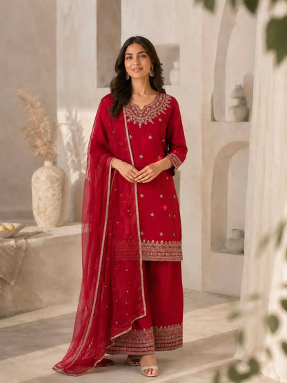 Teeya Creation Festive Red Silk Party Wear Kurti Pant Set With Elegant Zari Work