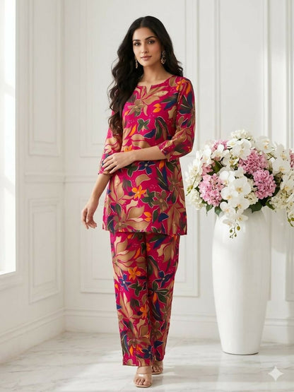 Teeya Creation Women New Latest Red Floral Printed Crepe Kurta with Palazzos Set