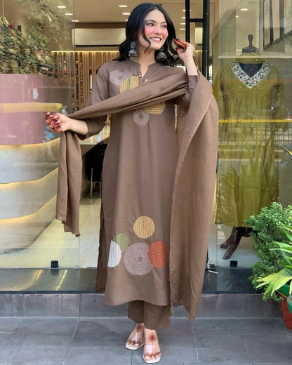 Teeya Creation Women Brown Geometric Embroidered Straight Kurta with Pants and Dupatta Set