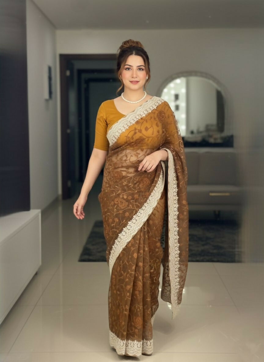 Teeya Creation New Latest Trendy Party Wear Two Tone Twill Net Saree-Gold