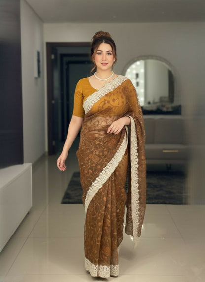 Teeya Creation New Latest Trendy Party Wear Two Tone Twill Net Saree-Gold