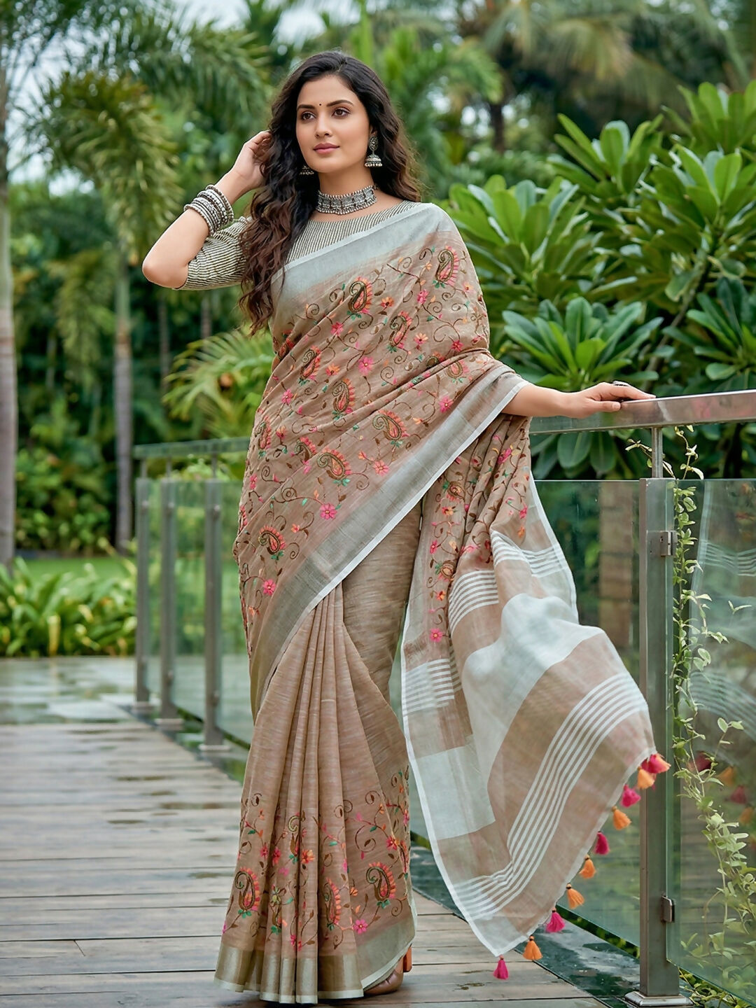 Shree Shyam Fashion Brown Linen Saree