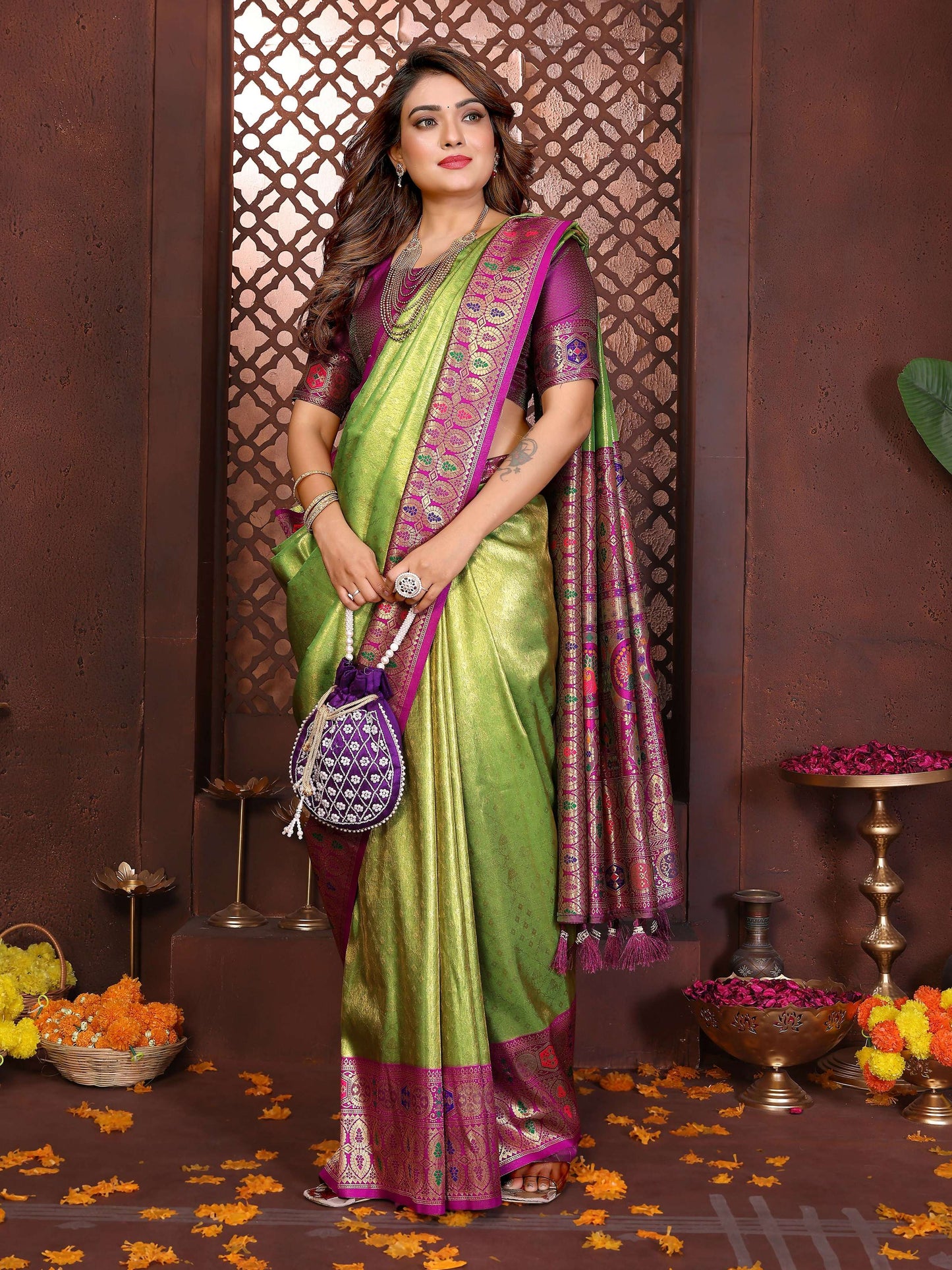 Aastha Fashion Green Tissue Silk Weaving Saree