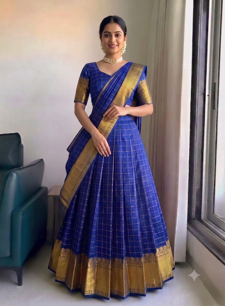 Teeya Creation Vibrant Royal Blue Checkered Silk Lehenga Choli with Antique Gold Border