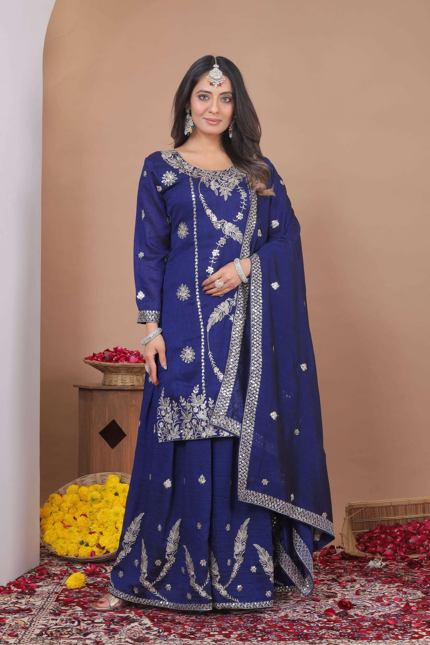 The52 Women's Gorgeous Embroidery Work Vichitra Blooming Fabric Straight Kurta Sharara and Dupatta Set-Blue