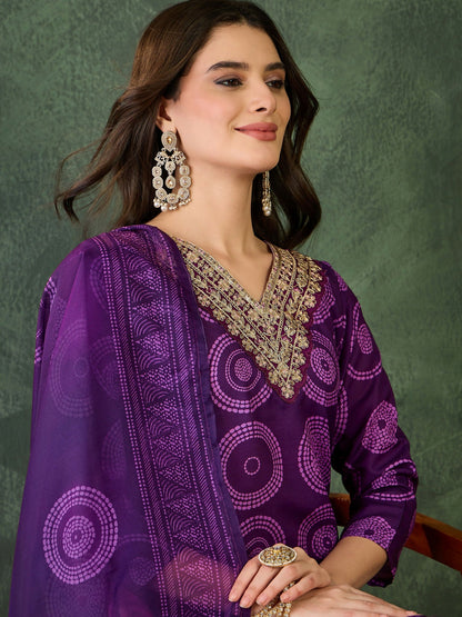 The52 Women's Gorgeous Rayon Embroidery Straight Kurta with Pant And Dupatta Set-Purple