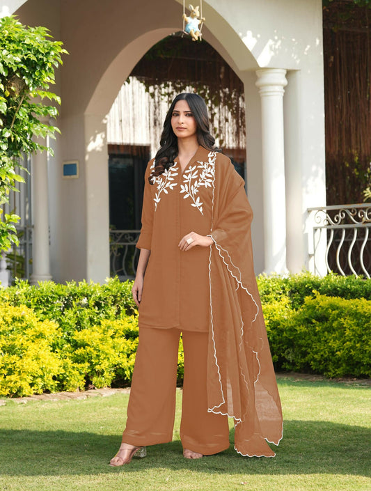 Nikhaar Light Brown Embroidered Viscose Georgette Stitched Straight Cut Kurta Culottes Dupatta Readymade Suit