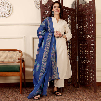 The52 Women's Gorgeous Solid Chanderi Silk Fabric Straight Kurta Pant and Dupatta Set