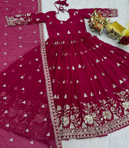 Teeya Creation Womens Casual Party Wear Heavy 7mm Sequence Embroidery Work Pink Gown Set