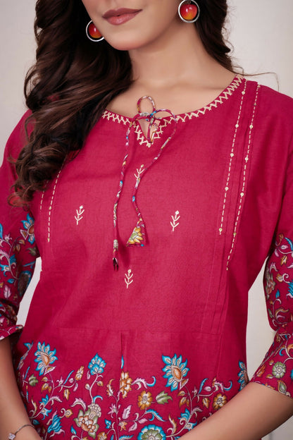 Teeya Creation Rani Pink Floral Printed Short Kurta With Straight Pants Co-Ord Set