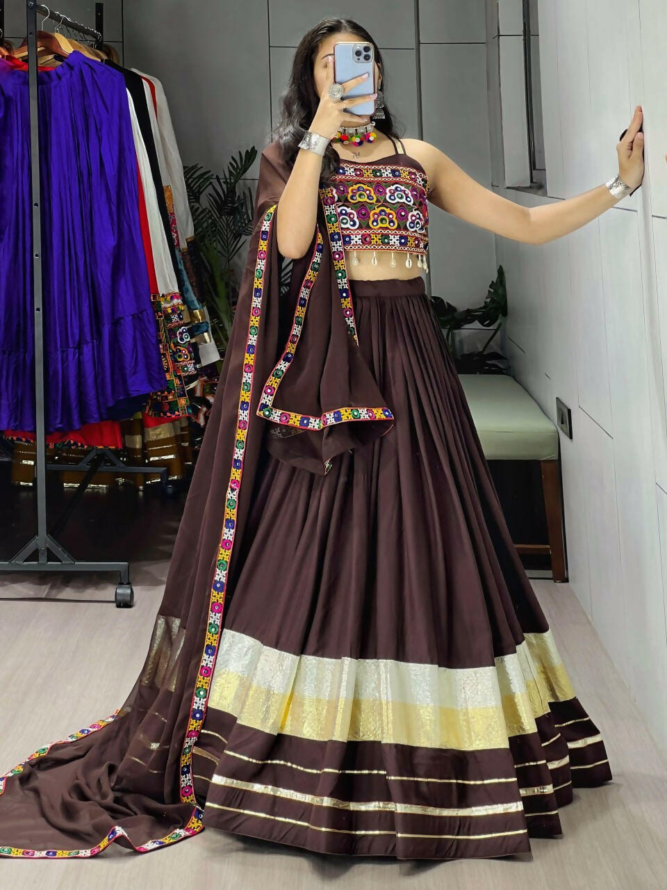 Yash Enterprise Brawn Rayon Cotton Embroidery Semi Stitched Navratri Top Chaniya Choli