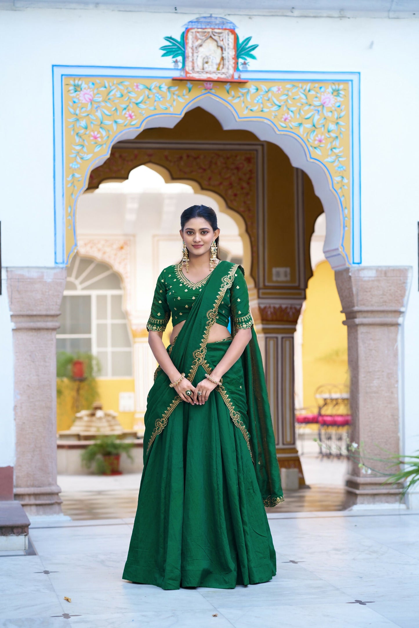 Lorenvalley Fashion Green NC Silk Plain Lehenga Embroidery Work Choli with Dupatta