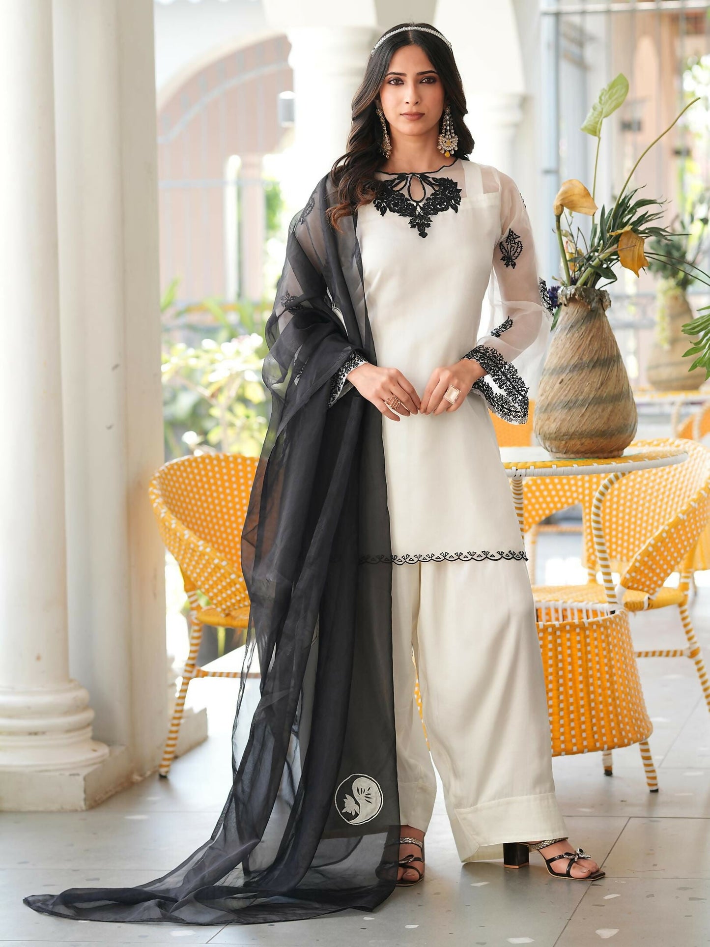 Nikhaar Cream Embroidered Organza Stitched Straight Cut Kurta Farshi Salwar Dupatta Readymade Suit